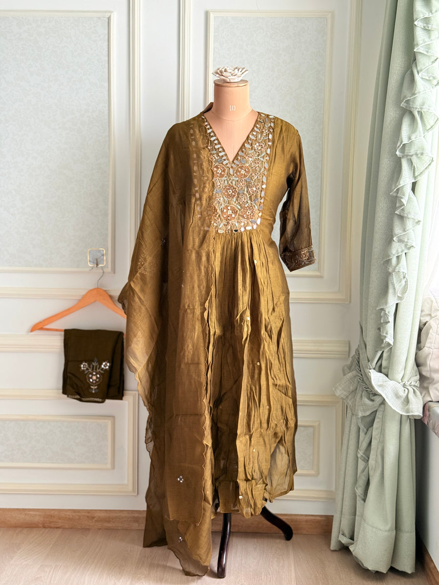 Olive Green Mirror Work Mulchanderi