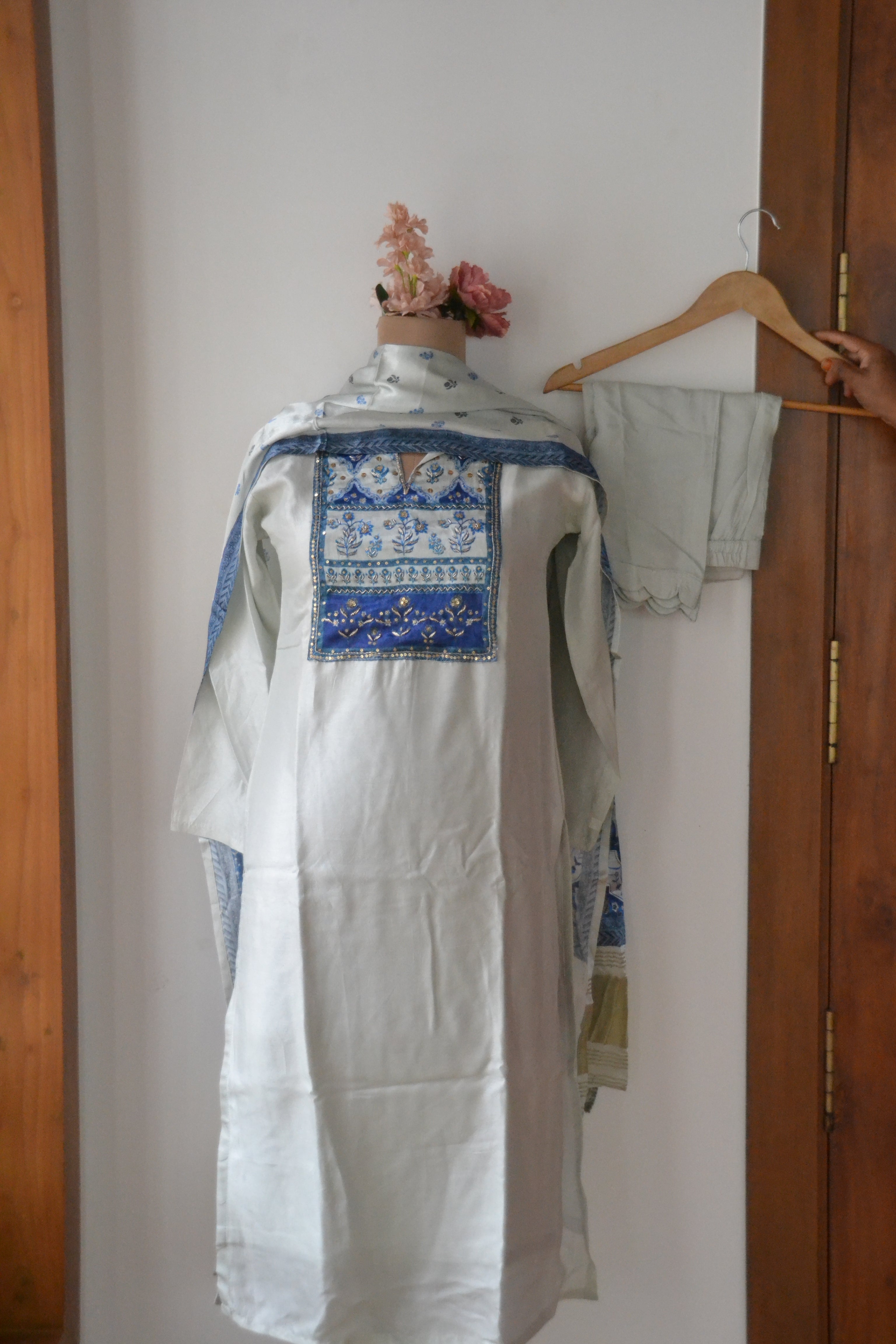 Blue pottery muslin silk suit