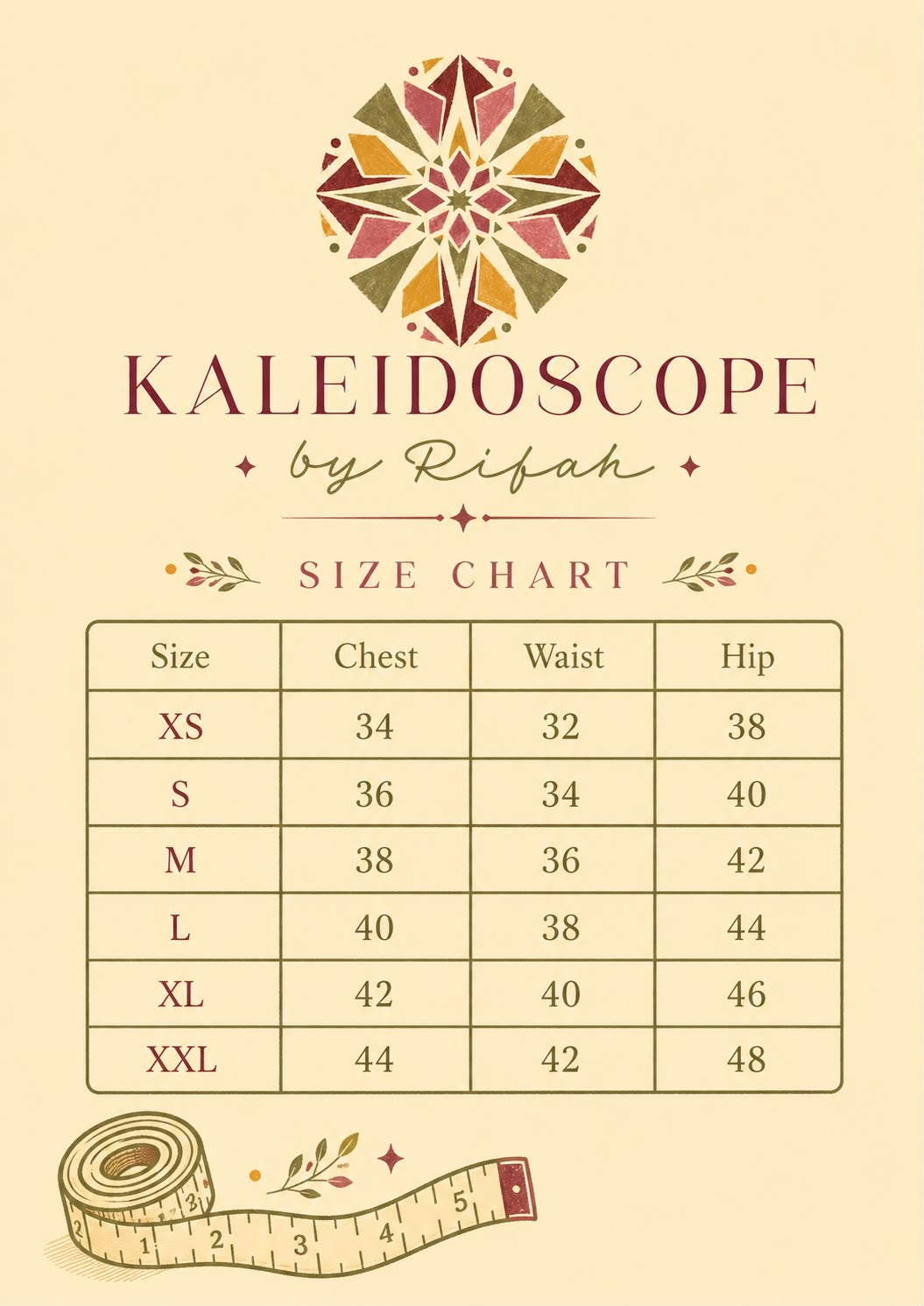 Kaleidoscope by Rifah size chart
